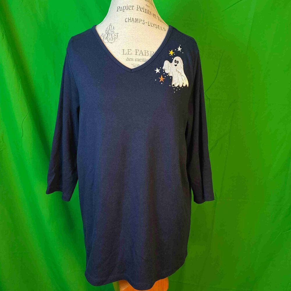 Quacker Factory Womens Navy Blue V Neck 3/4 Sleeve Ghost Halloween Top 1X